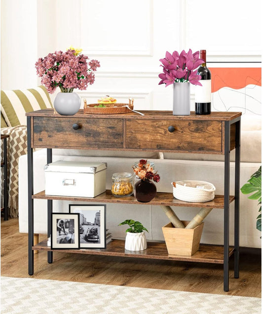 Signature Home consoletafel – haltafel met 2 lades – bijzettafel met 2 niveaus – banktafel met stevig frame – industriële stijl – rustiek bruin – 100 cm