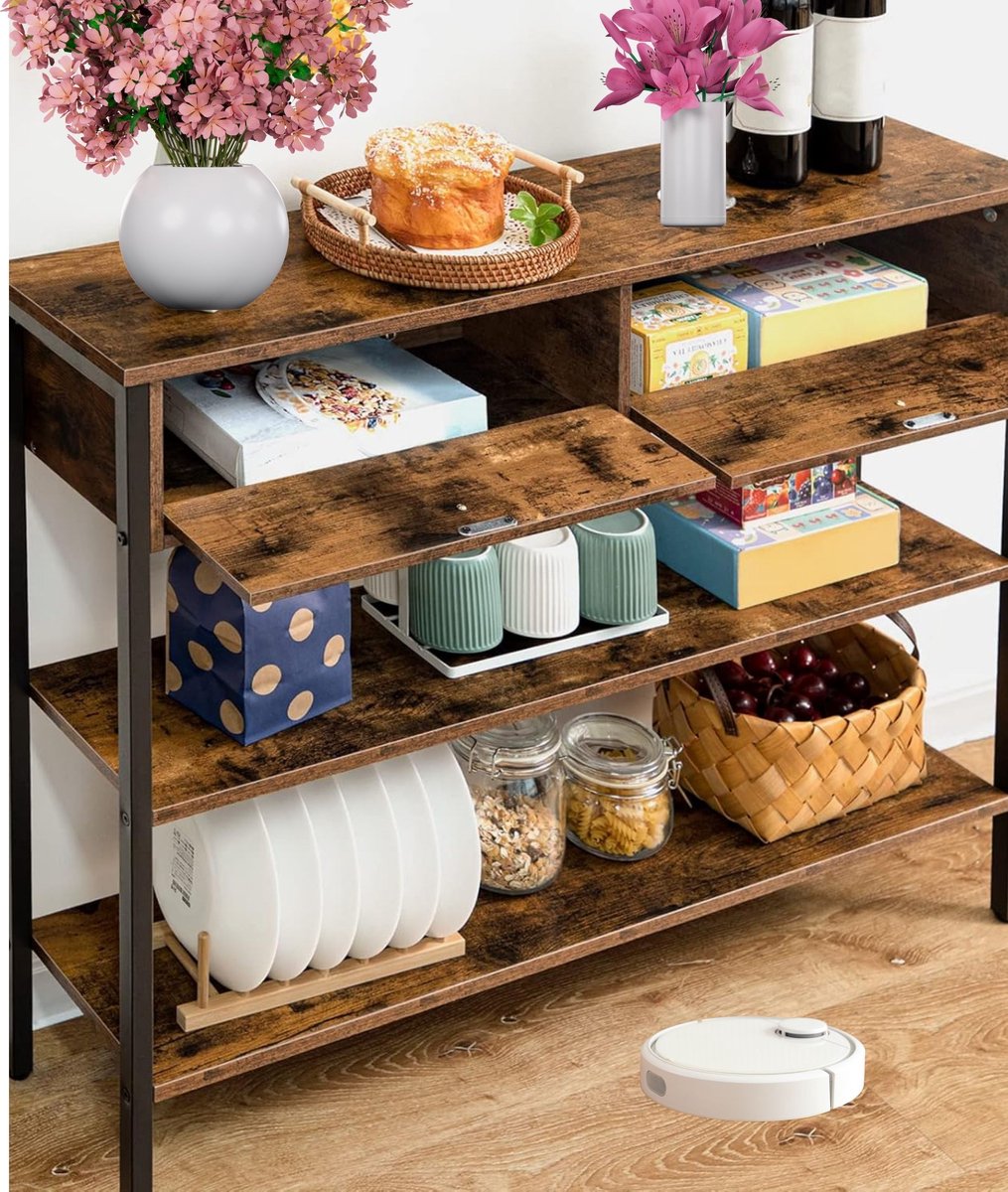 Signature Home consoletafel – haltafel met 2 lades – bijzettafel met 2 niveaus – banktafel met stevig frame – industriële stijl – rustiek bruin – 100 cm