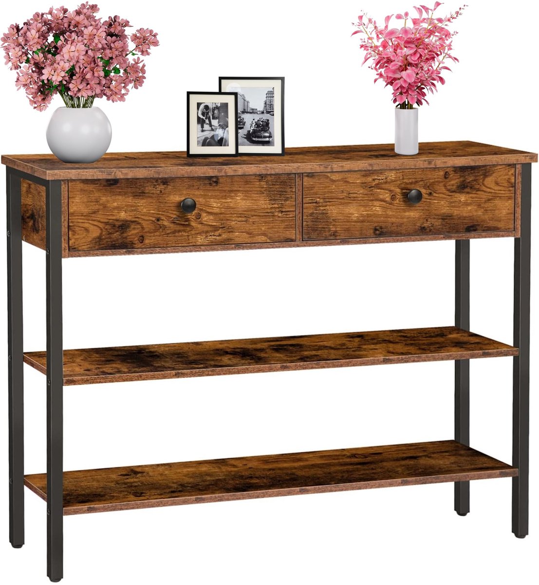 Signature Home consoletafel – haltafel met 2 lades – bijzettafel met 2 niveaus – banktafel met stevig frame – industriële stijl – rustiek bruin – 100 cm