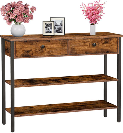 Signature Home consoletafel – haltafel met 2 lades – bijzettafel met 2 niveaus – banktafel met stevig frame – industriële stijl – rustiek bruin – 100 cm