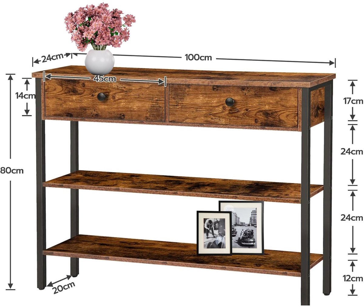Signature Home consoletafel – haltafel met 2 lades – bijzettafel met 2 niveaus – banktafel met stevig frame – industriële stijl – rustiek bruin – 100 cm