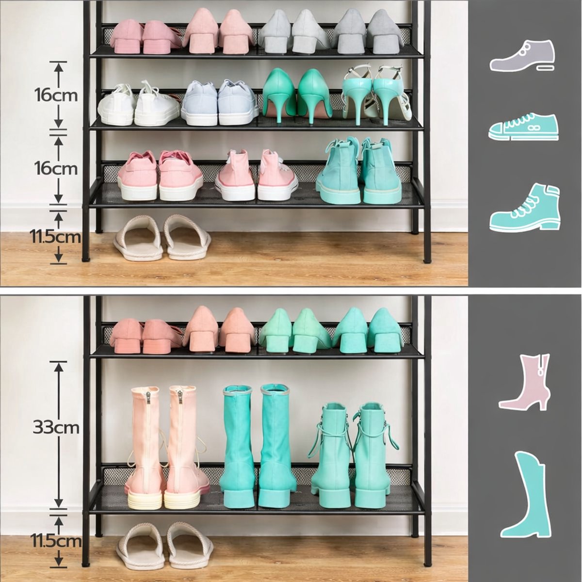 Schoenenrek 8 Lagen - Schoenenkast - Open Schoenenkast verstelbaar - Opbergrek - Hout & Metaal - voor 24-32 paar schoenen - Bruin Zwart - 75 x 30 x 137 cm