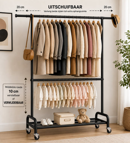Kledingrek Dubbel op Wielen – 150 x 45 x 200 cm – Verstelbare Kledingstang – Met Schoenenrek – Zwart Metaal