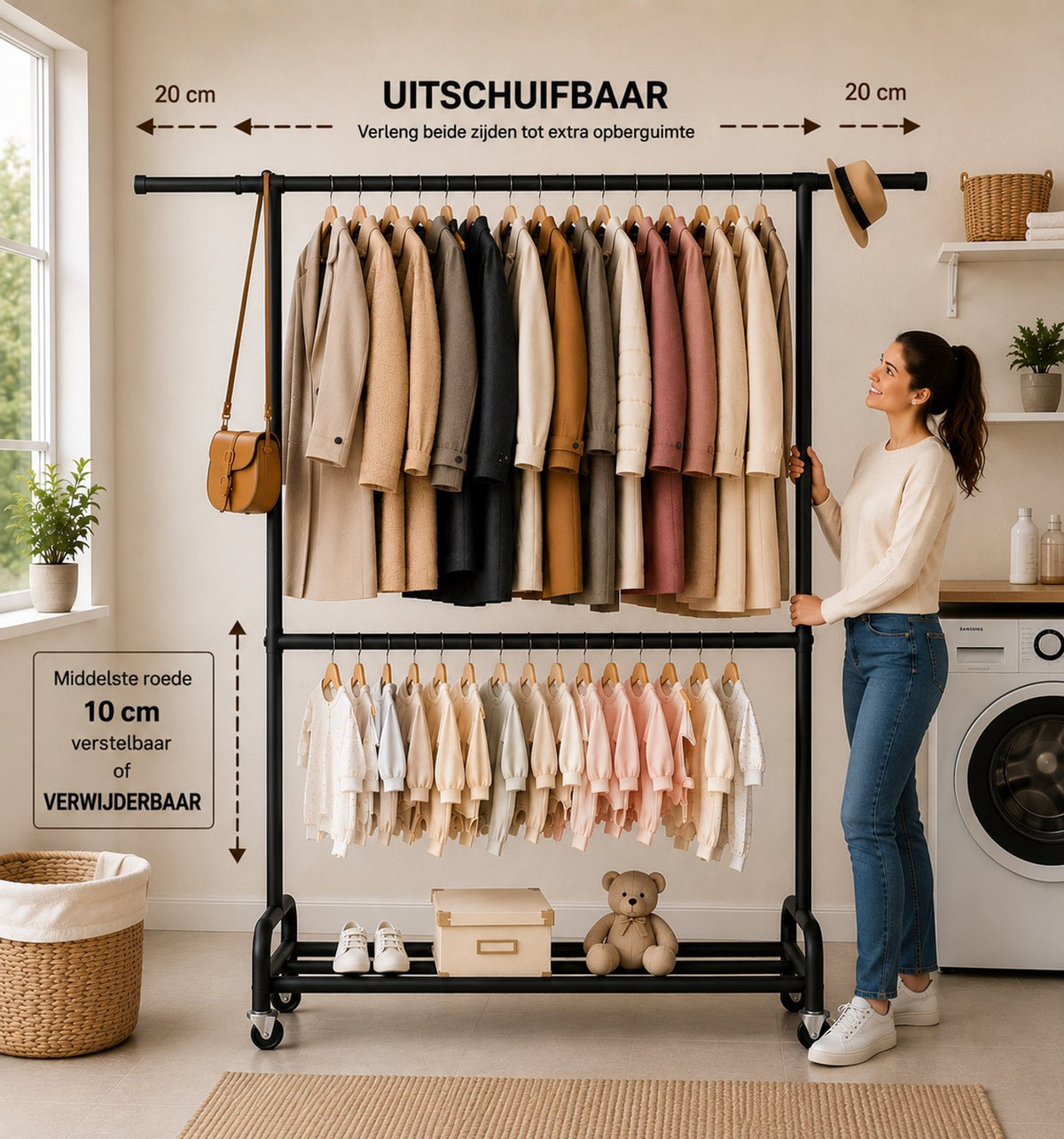 Kledingrek Dubbel op Wielen – 150 x 45 x 200 cm – Verstelbare Kledingstang – Met Schoenenrek – Zwart Metaal
