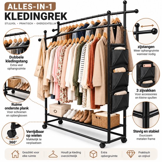 Kledingrek Dubbel – 166 cm Breed – 200 cm Hoog – Met Schoenenrek en Opbergvakken – Zwart Metaal