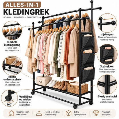 Kledingrek Dubbel – 166 cm Breed – 200 cm Hoog – Met Schoenenrek en Opbergvakken – Zwart Metaal