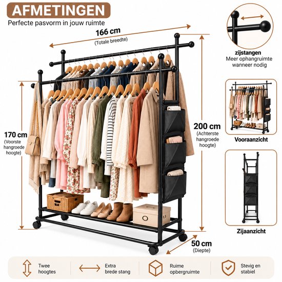 Kledingrek Dubbel – 166 cm Breed – 200 cm Hoog – Met Schoenenrek en Opbergvakken – Zwart Metaal