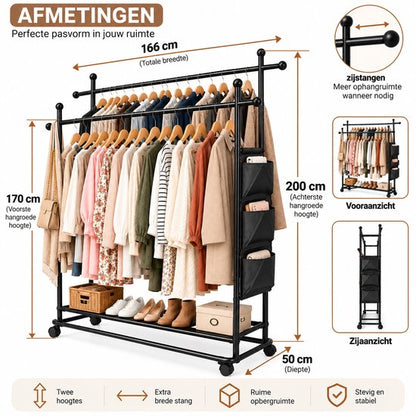 Kledingrek Dubbel – 166 cm Breed – 200 cm Hoog – Met Schoenenrek en Opbergvakken – Zwart Metaal