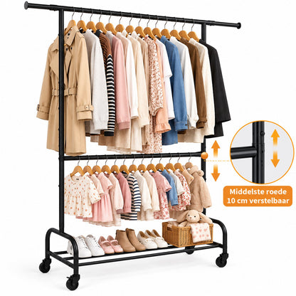 Kledingrek Dubbel op Wielen – 150 x 45 x 200 cm – Verstelbare Kledingstang – Met Schoenenrek – Zwart Metaal