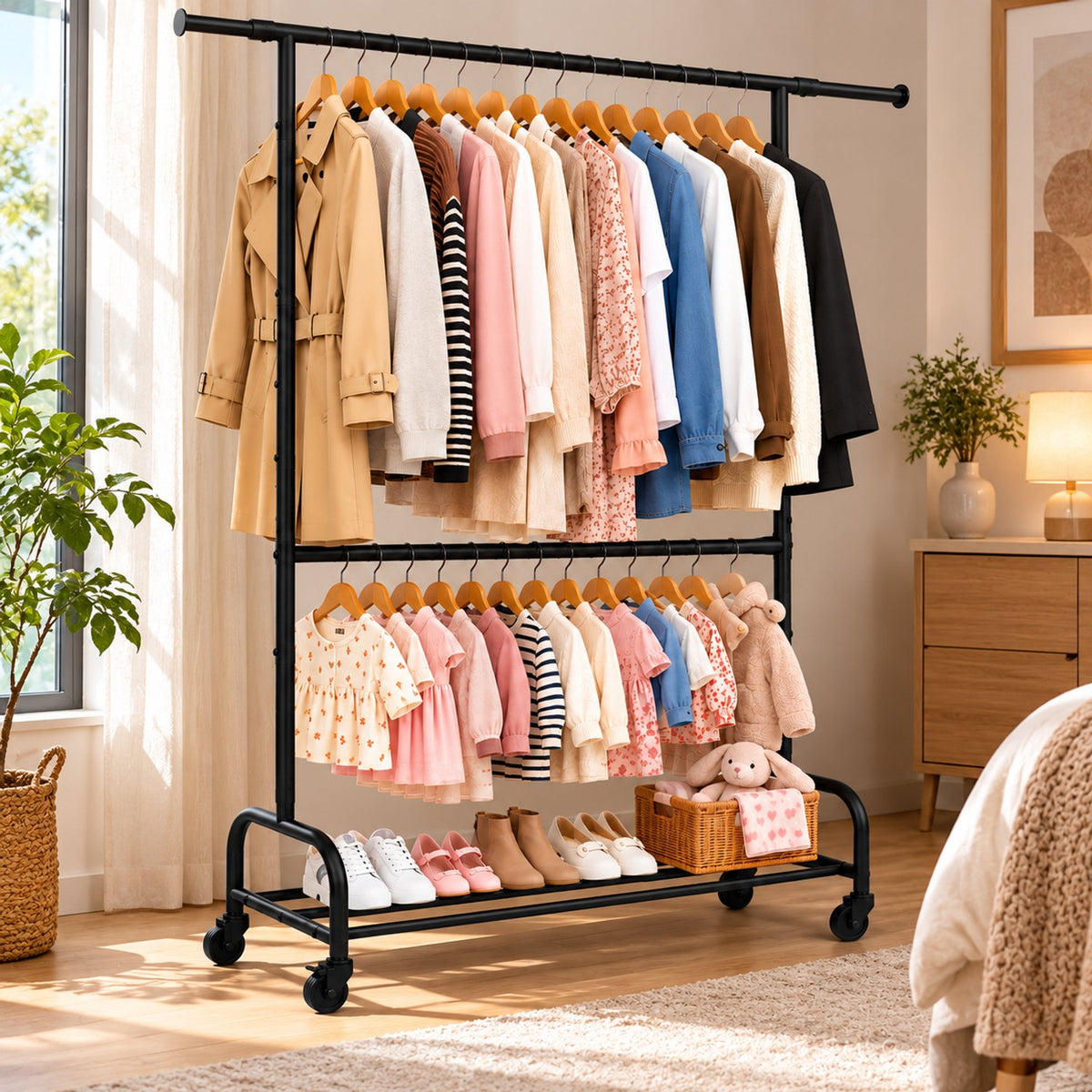 Kledingrek Dubbel op Wielen – 150 x 45 x 200 cm – Verstelbare Kledingstang – Met Schoenenrek – Zwart Metaal