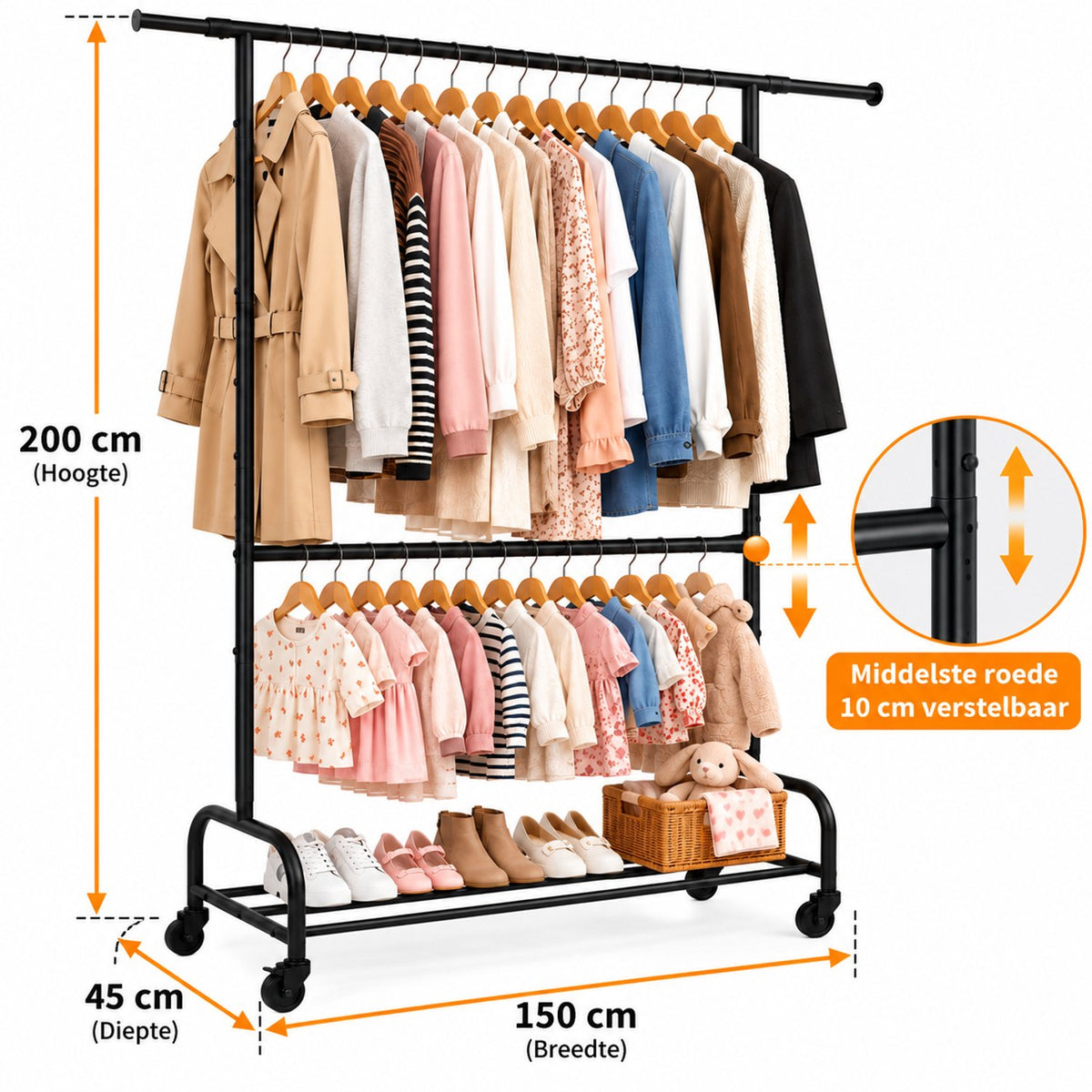 Kledingrek Dubbel op Wielen – 150 x 45 x 200 cm – Verstelbare Kledingstang – Met Schoenenrek – Zwart Metaal