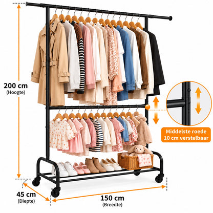 Kledingrek Dubbel op Wielen – 150 x 45 x 200 cm – Verstelbare Kledingstang – Met Schoenenrek – Zwart Metaal