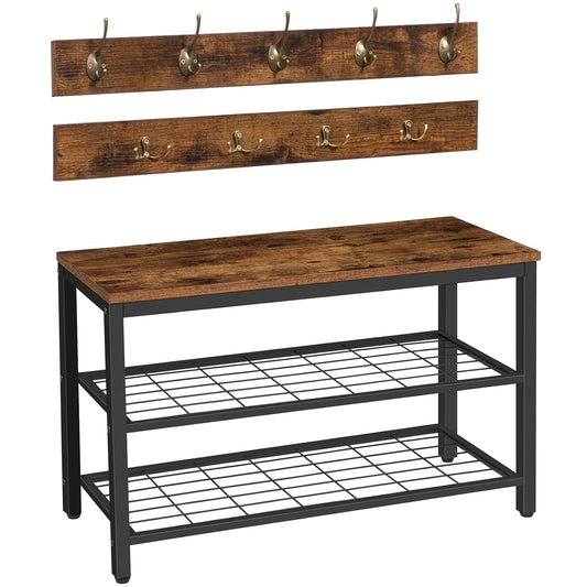 Signature Home Kledingrek met Kledingstang en Opbergplank – Vrijstaand Metalen Garderoberek met Haken – Stevig Industrieel Kledingrek – Multifunctionele Kapstok en Kledingstandaard voor Slaapkamer, Hal en Garderobe – Rustiek Bruin