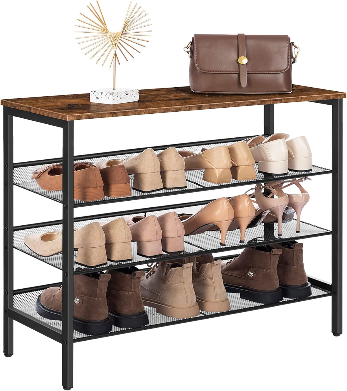 Signature Home 4-Laags Schoenenrek met 3 Verstelbare Roosterplanken – Plat of Schuin Plaatsbaar Schoenenrek – Stevig Industrieel Opbergrek voor Hal, Entree en Slaapkamer – Vintage Bruin
