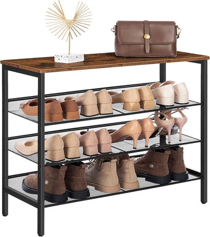 Signature Home 4-Laags Schoenenrek met 3 Verstelbare Roosterplanken – Plat of Schuin Plaatsbaar Schoenenrek – Stevig Industrieel Opbergrek voor Hal, Entree en Slaapkamer – Vintage Bruin
