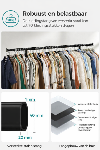 Signature Home Industrieel Kledingrek met Wielen – Metalen Garderoberek in Industriële Stijl