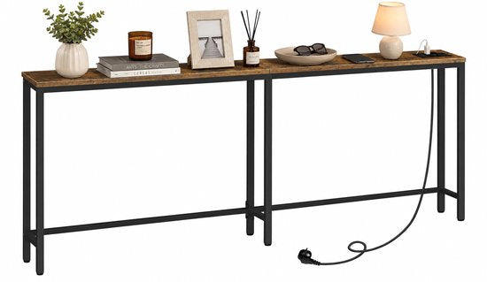 Signature Home Consoletafel - Console tafel - bijzettafel met Stopcontact 160 cm - Smalle Sidetable met Oplaadstation - Haltafel Achter Bank - Vintage Bruin/Zwart