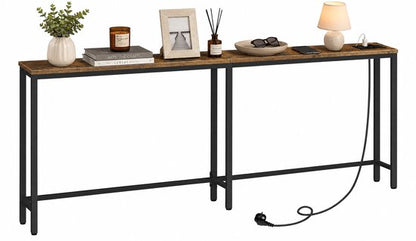 Signature Home Consoletafel - Console tafel - bijzettafel met Stopcontact 160 cm - Smalle Sidetable met Oplaadstation - Haltafel Achter Bank - Vintage Bruin/Zwart