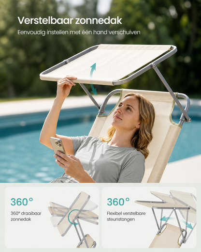Signature Home Opvouwbare Ligstoel 189 x 53 x 28,5 cm met Verstelbare Rugleuning en Zonnedak – Comfortabele Tuin Ligbed voor Buiten