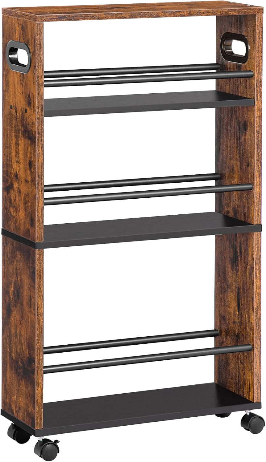 Signature Home Smalle Keukentrolley 4-Laags – Verrijdbare Serveerwagen 45 x 15 x 80 cm – Keukenrek met 360° Draaibare Wielen en Opstaande Randen – Opbergtrolley voor Keuken, Badkamer & Woonkamer – Donkerbruin