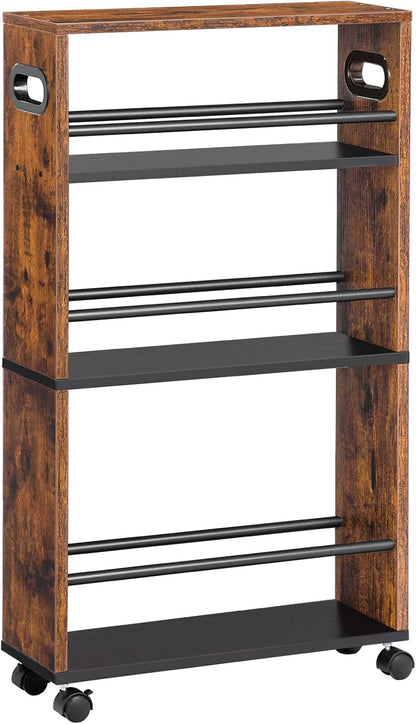 Signature Home Smalle Keukentrolley 4-Laags – Verrijdbare Serveerwagen 45 x 15 x 80 cm – Keukenrek met 360° Draaibare Wielen en Opstaande Randen – Opbergtrolley voor Keuken, Badkamer & Woonkamer – Donkerbruin