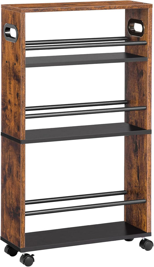 Signature Home Smalle Keukentrolley 4-Laags – Verrijdbare Serveerwagen 45 x 15 x 80 cm – Keukenrek met 360° Draaibare Wielen en Opstaande Randen – Opbergtrolley voor Keuken, Badkamer & Woonkamer – Donkerbruin