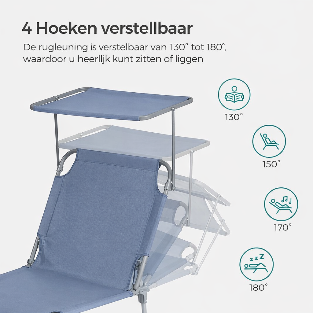 Signature Home Opvouwbare Ligstoel met Zonnedak – Blauwe Zonneligbed, Verstelbaar & Comfortabel, Ideaal voor Tuin, Strand en Camping