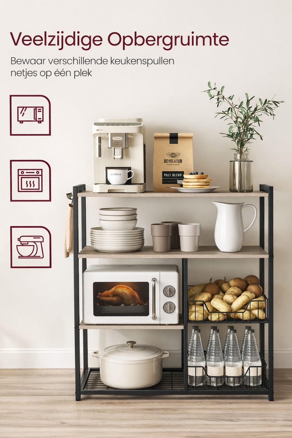 Signature Home Keukenrek met 2 Metalen Manden – Keuken Opbergrek – Keukenkast Organizer – Greige-Zwart