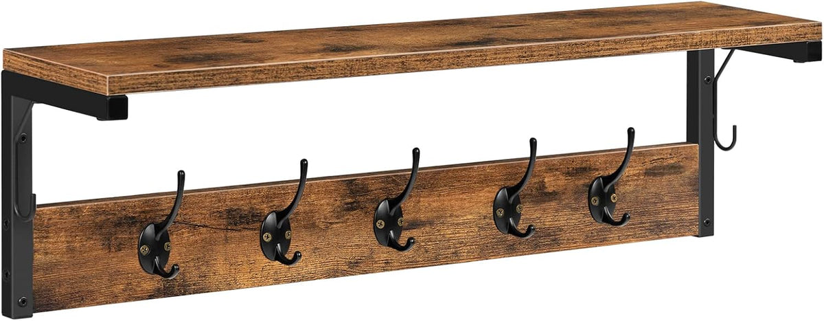 Signature Home Wandkapstok met 7 Haken en Opbergplank – Industriële Kapstok Wandmontage – Kapstok met Wandrek en Legplank – Ruimtebesparende Garderobe voor Hal, Entree, Woonkamer en Keuken – Donkerbruin/Zwart