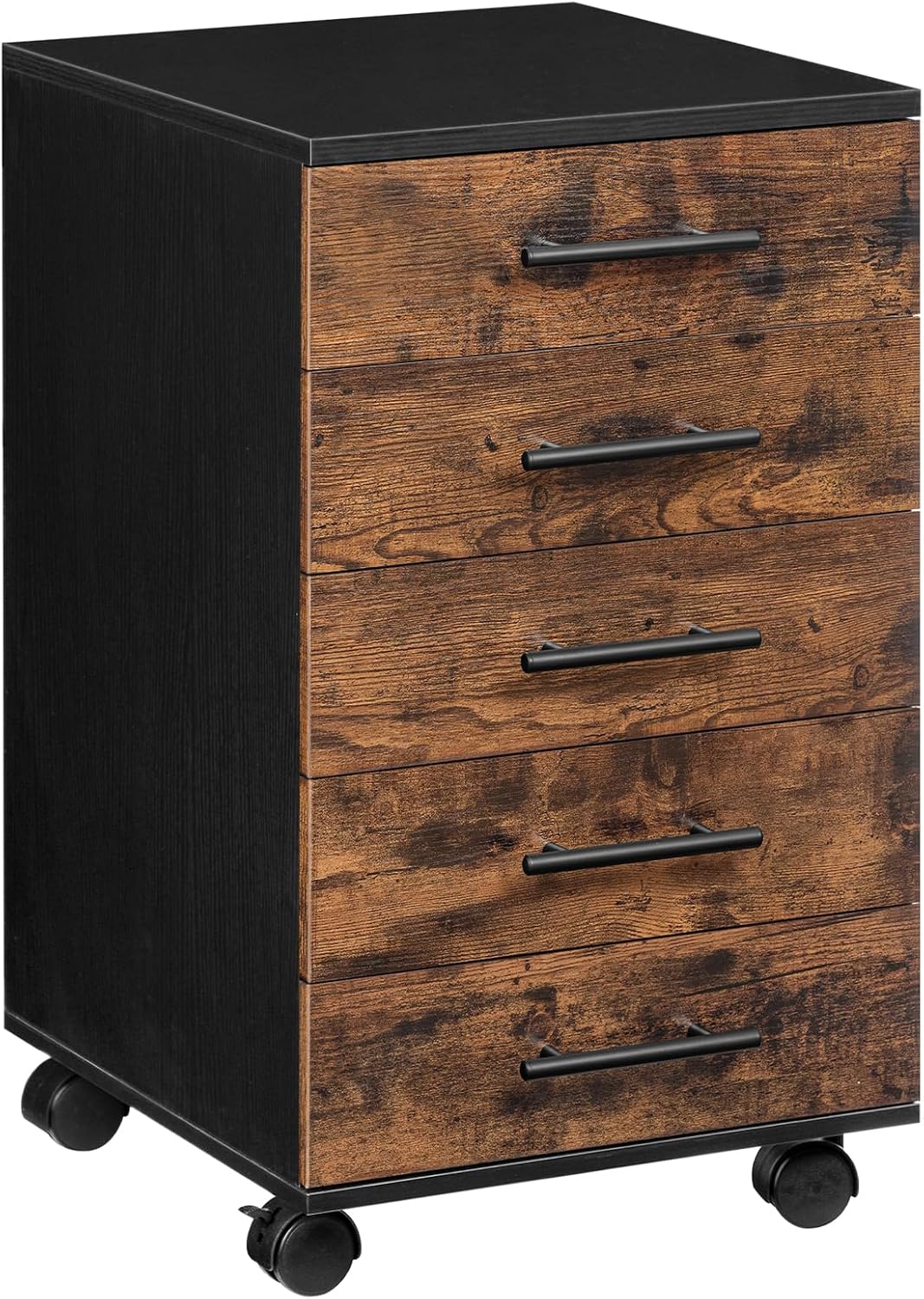 Signature Home Archiefkast met 5 Laden – Verrijdbare Rolcontainer – Houten Ladekast voor Kantoor – Opbergkast met Metalen Frame – Industriële Stijl – Eenvoudige Montage – Vintage Donkerbruin/Zwart