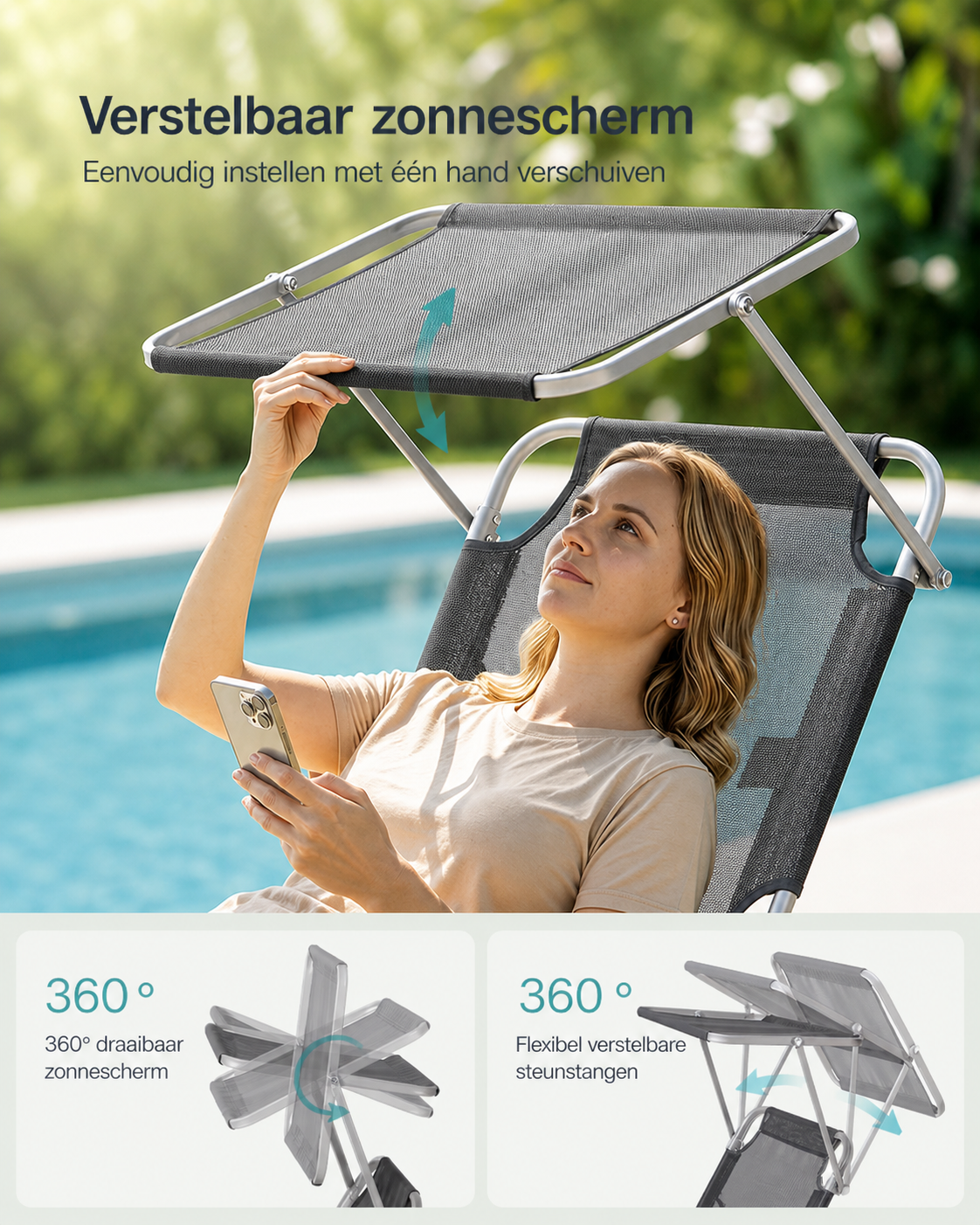 Signature Home Opvouwbaar Zonneligbed 189 x 53 x 28,5 cm met Verstelbare Rugleuning en Zonnescherm – Comfortabele Ligstoel voor Tuin, Strand en Camping