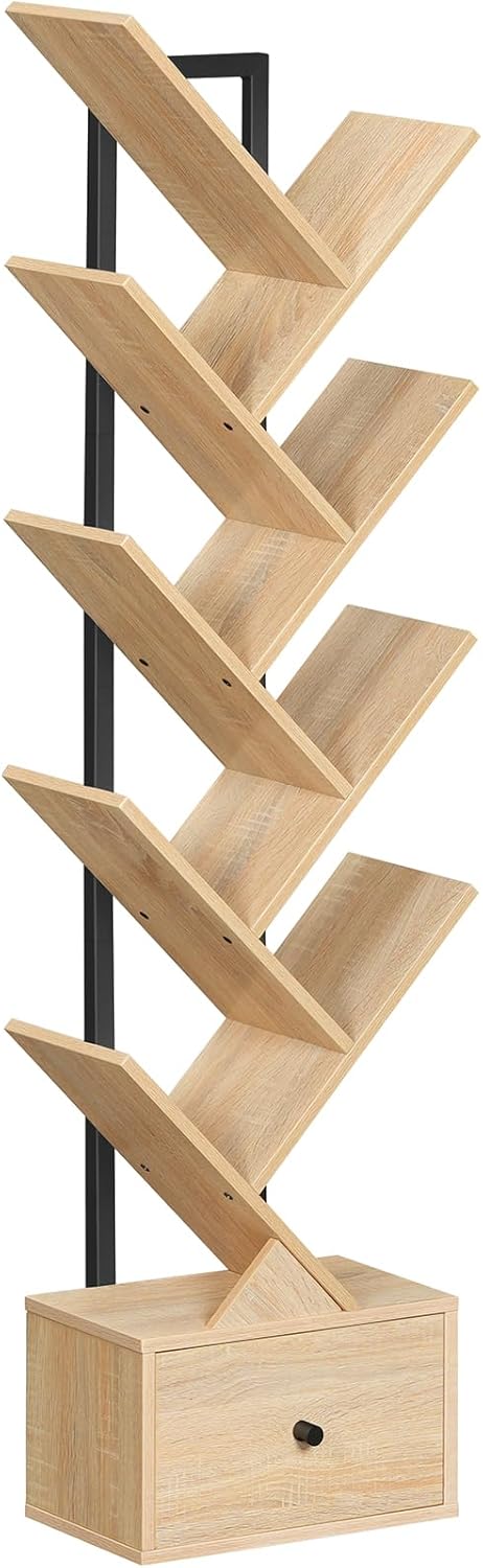 Signature Home 9-Laags Boekenkast met Lade – Vrijstaande Boomvormige Boekenkast, DVD- en Opbergrek voor Woonkamer, Slaapkamer en Kantoor – Naturel Hout & Zwart**