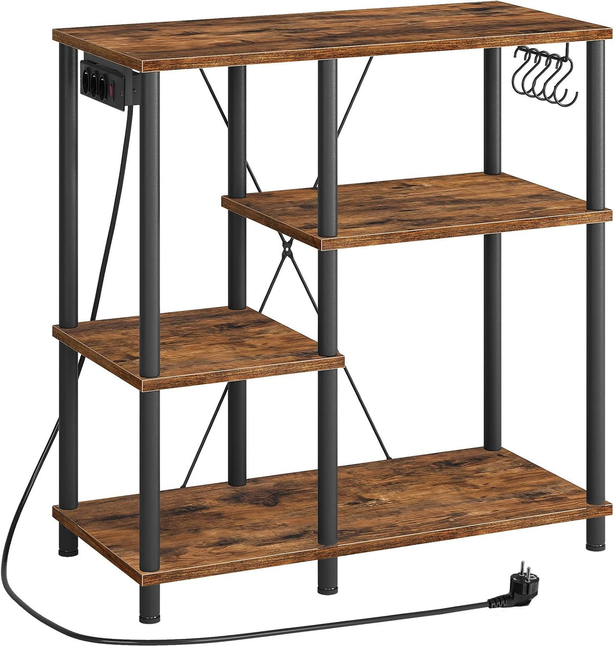 Signature Home Keukenrek met Stopcontacten – Staand Magnetronrek 38 x 80 x 86 cm – Bakkersrek met 5 S-Haken – Opbergrek voor Keuken met Werkblad – Vintage Bruin/Zwart
