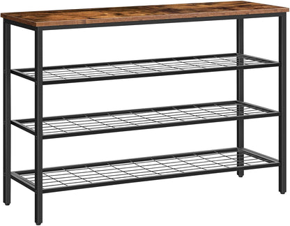 Signature Home Schoenenrek 4 Laags – Schoenen Organizer met 3 Metalen Gaasplanken – Industriële Schoenenkast voor Hal, Entree en Slaapkamer – Stevig Opbergrek – Vintage Bruin