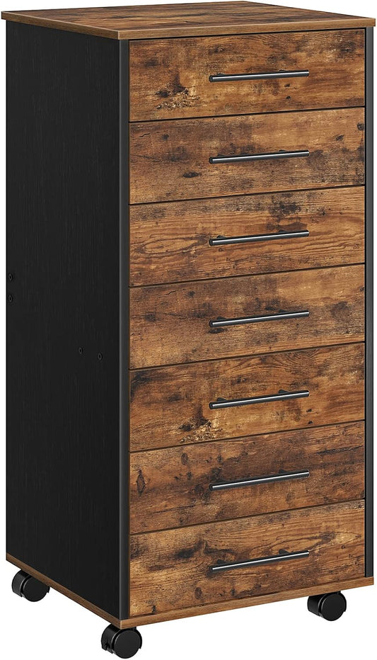 Signature Home Ladeblok met 7 Laden – Verrijdbare Archiefkast & Kantoorkast – Houten Opbergkast met Laden voor Kantoor en Werkkamer – Industrieel Design – Vintage Bruin/Zwart