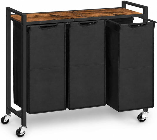 Signature Home Wasmand met 3 Vakken en Wielen – 119,4 L Wassorteerder met Opbergplank en 3 Uitneembare Waszakken – Stevig Metalen Frame voor Badkamer en Wasruimte – Vintage Bruin