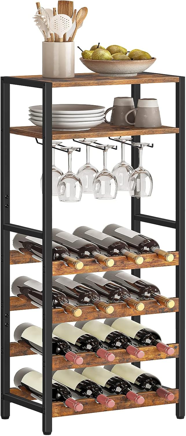 Signature Home Wijnrek voor 16 Flessen – Vrijstaand Flessenrek met Tafelblad en Wijnglashouder – Metalen Wijnflessenhouder & Flessenorganizer – Wijnrek voor Keuken, Bar, Eetkamer en Restaurant