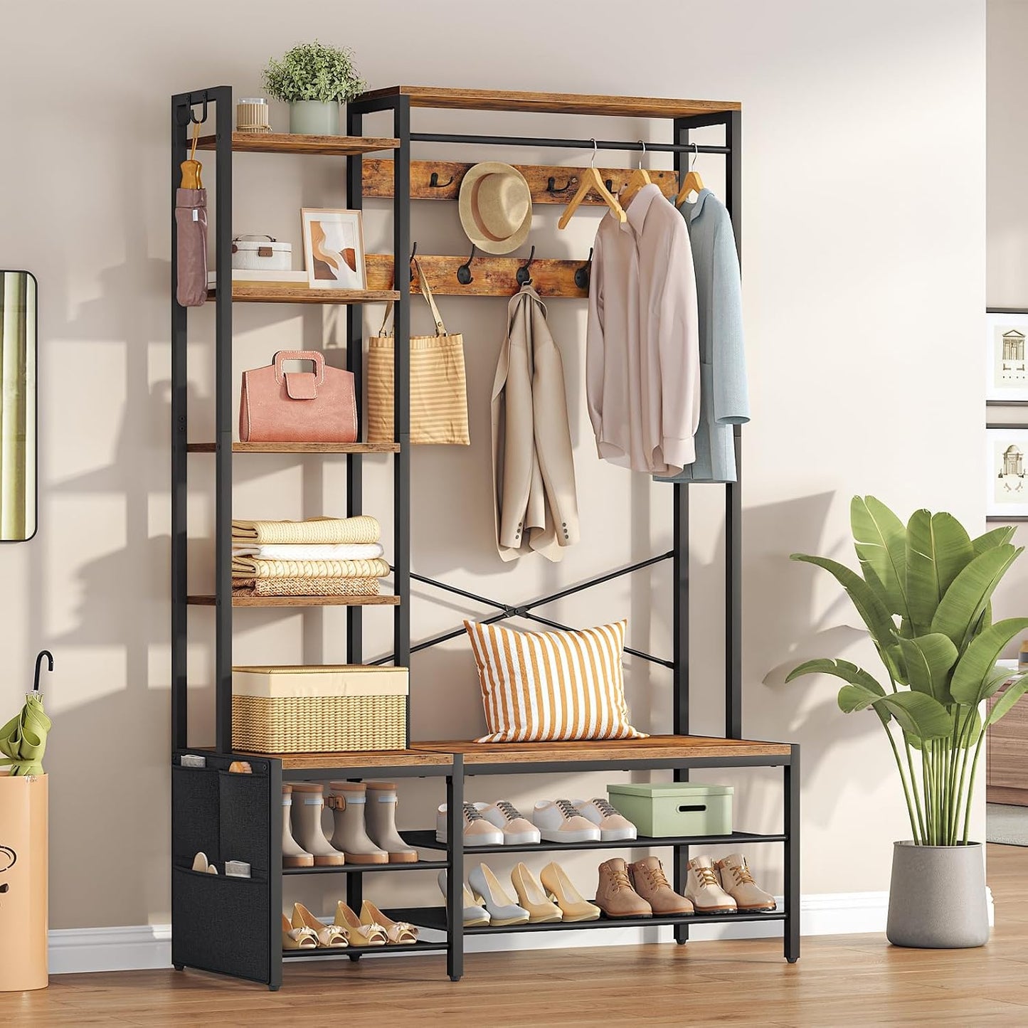Signature Home Kapstok met schoenenrek en zitbank, 9 dubbele haken, 2 zijhaken, 5 planken en zijvak, voor hal, slaapkamer, woonkamer, zwart en vintage bruin