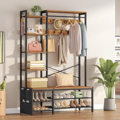 Signature Home Kapstok met schoenenrek en zitbank, 9 dubbele haken, 2 zijhaken, 5 planken en zijvak, voor hal, slaapkamer, woonkamer, zwart en vintage bruin