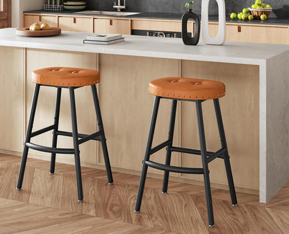 Signature Home Set van 2 Barkrukken met PU Leren Zitting – Industriële Barstoelen met Voetensteun – Keukenkrukken voor Keukeneiland, Bar, Eetkamer & Restaurant – Stevig Metalen Frame – Bruin/Zwart