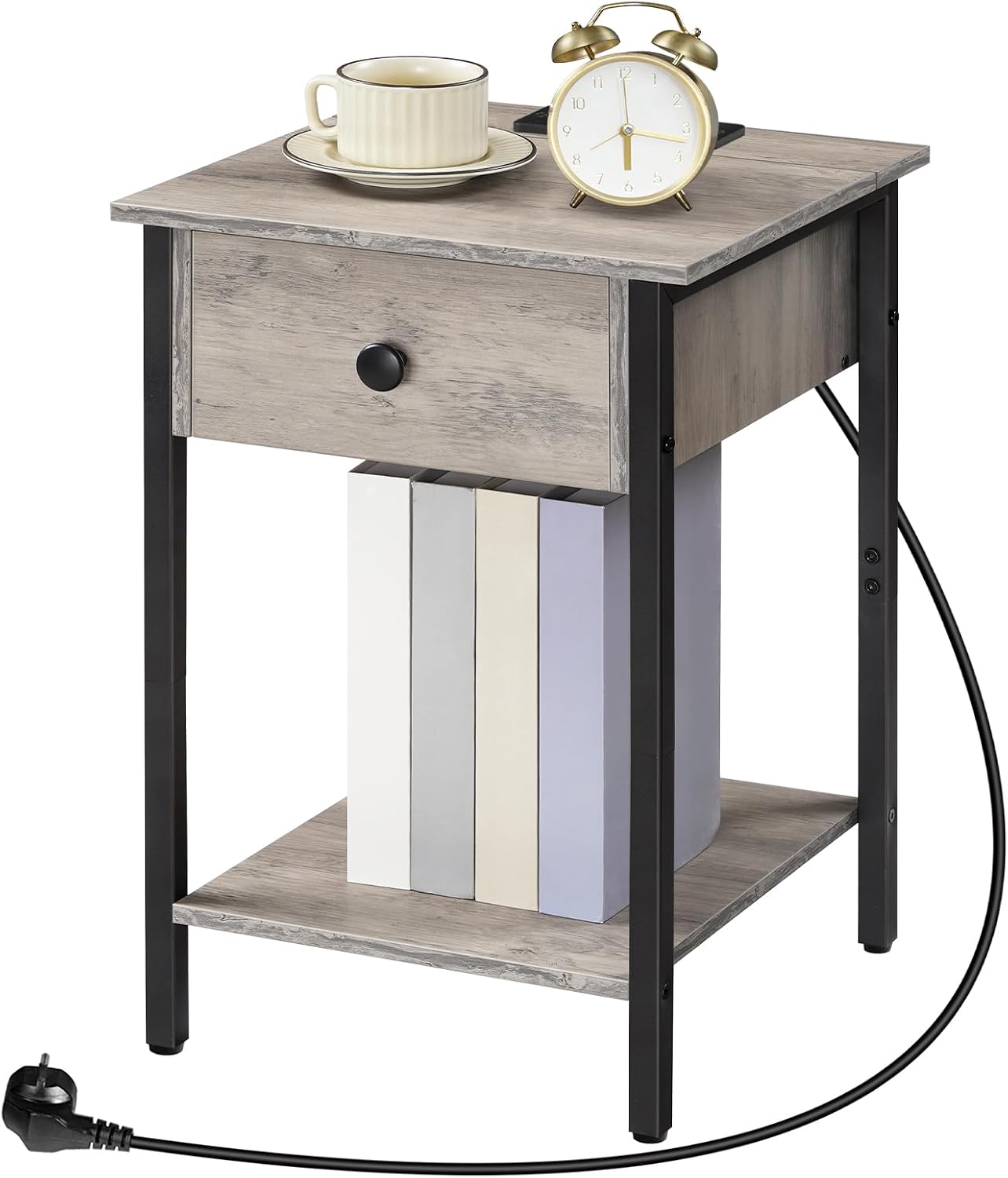 Signature Home Nachtkastje met Oplaadstation – Bijzettafel met Lade en Opbergplank – USB-Poorten en Stopcontact – Smal Bedside Kastje voor Slaapkamer en Kleine Ruimtes – Greige/Zwart