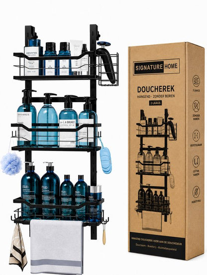 Signature Home Hangend Doucherek Zonder Boren - Verstelbaar Doucherek 3 Laags - Shampoohouder voor Douche - Badkamerrek voor Glazen Douchewand - RVS - Zwart