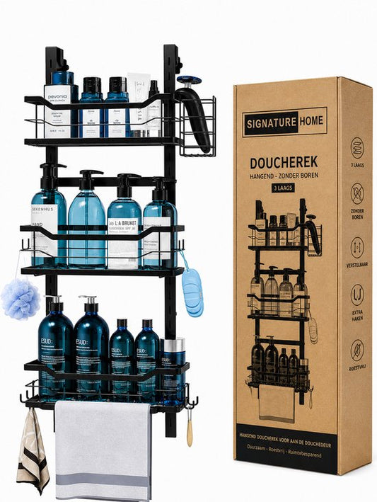 Signature Home Hangend Doucherek Zonder Boren - Verstelbaar Doucherek 3 Laags - Shampoohouder voor Douche - Badkamerrek voor Glazen Douchewand - RVS - Zwart
