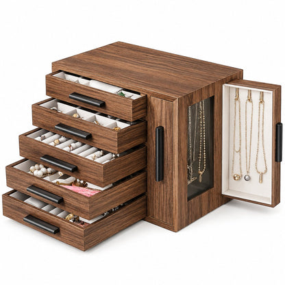 Signature Home Sieradendoos Dames – Houten Juwelenkist met Transparant Deksel – Sieraden Organizer met Laden – Opbergdoos voor Ringen - Oorbellen - Kettingen & Armbanden – Bruin – 27 x 16 x 18 cm
