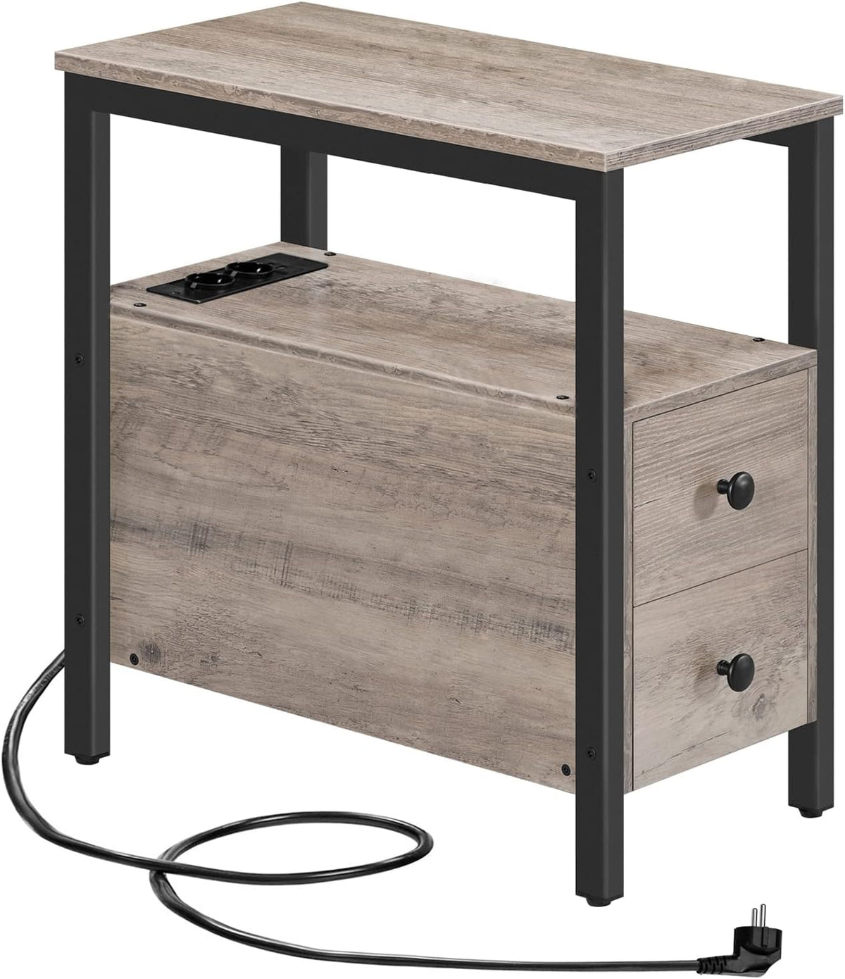 Signature Home Bijzettafel met Oplaadstation – Smalle Banktafel met 2 Laden, USB-Poort & Stopcontact – Nachtkastje met Opbergruimte voor Kleine Ruimtes – Woonkamer & Slaapkamer – Greige