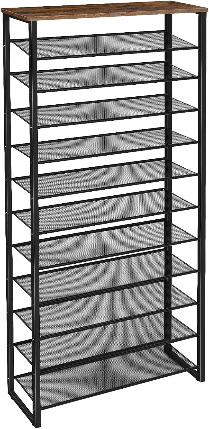 Signature Home Groot Schoenenrek 12-Laags voor 35-45 Paar Schoenen – Hoge Schoenenkast met Metalen Frame, Industriële Stijl, Vintage Bruin/Zwart voor Hal, Woonkamer en Slaapkamer