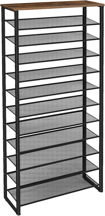 Signature Home Groot Schoenenrek 12-Laags voor 35-45 Paar Schoenen – Hoge Schoenenkast met Metalen Frame, Industriële Stijl, Vintage Bruin/Zwart voor Hal, Woonkamer en Slaapkamer