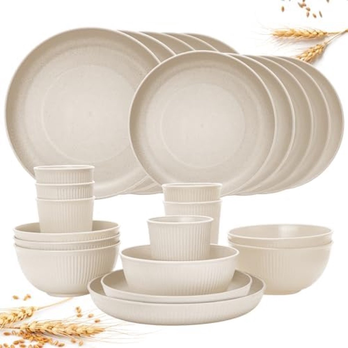 Signature Home 24 stuks onbreekbare serviesset, herbruikbaar, campingserviesset voor 6 personen, plastic servies, picknick, lichte kunststof serveerborden, kommen, bestekset Beige