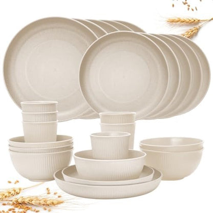 Signature Home 24 stuks onbreekbare serviesset, herbruikbaar, campingserviesset voor 6 personen, plastic servies, picknick, lichte kunststof serveerborden, kommen, bestekset Beige