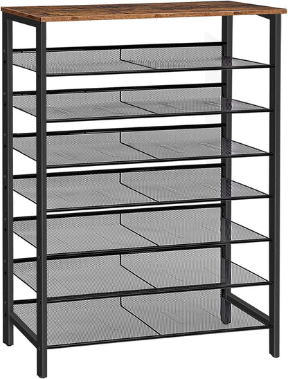 Signature Home Schoenenrek 8 Laags – Hoge Smalle Schoenenkast voor 32-40 Paar Schoenen – Verstelbare Rechte & Schuine Metalen Planken – 100 x 30 x 137 cm – Schoenenopberger voor Hal en Entree – Donkerbruin/Zwart